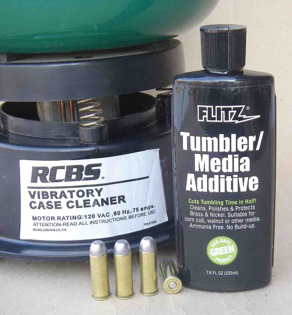 Flitz Tumbler Media Additive is an excellent choice for cleaning and polishing brass or nickel-plated brass cases.